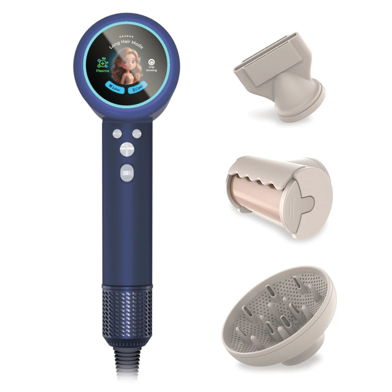 Powerful 2000W hair dryer with BLDC motor, display and plasma ionization + 3 attachments AusHauz Blue