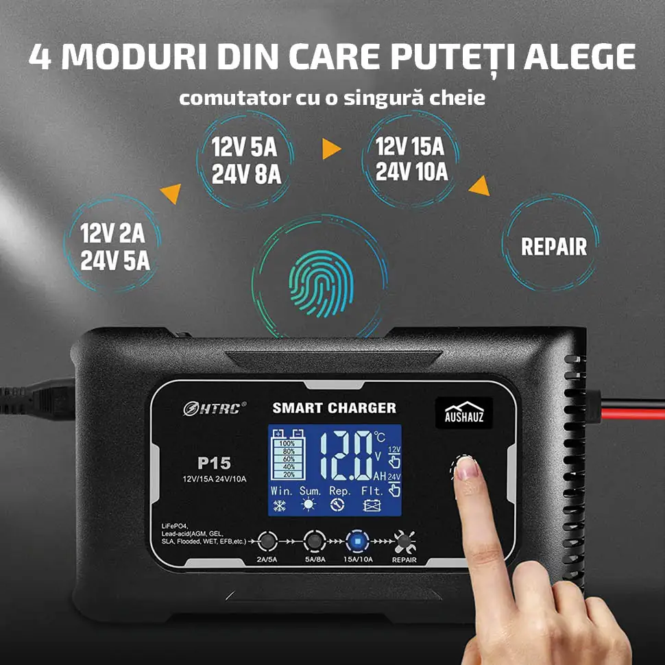 Încărcător de 15 amperi pentru, gamă largă de aplicații Potrivit pentru următoarele baterii: LiFePO4, baterii cu plumb (AGM, GEL, SLA, inundate, WET, EFB etc.).