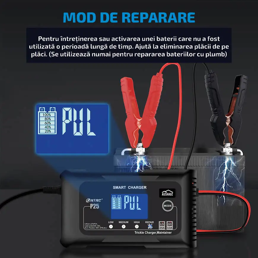 Mod de reparare Pentru întreținerea sau activarea unei baterii care nu a fost utilizată o perioadă lungă de timp. Ajută la eliminarea plăcii de pe plăci. (Se utilizează numai pentru repararea bateriilor cu plumb)