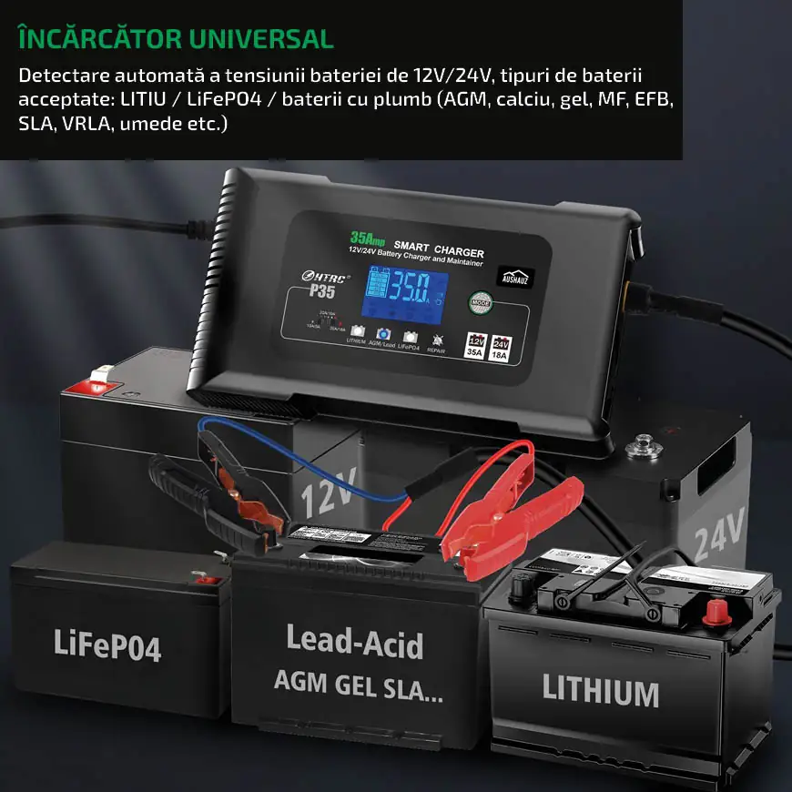 Încărcător universal Detectare automată a tensiunii bateriei de 12V/24V, tipuri de baterii acceptate: LITIU / LiFePO4 / baterii cu plumb (AGM, calciu, gel, MF, EFB, SLA, VRLA, umede etc.)