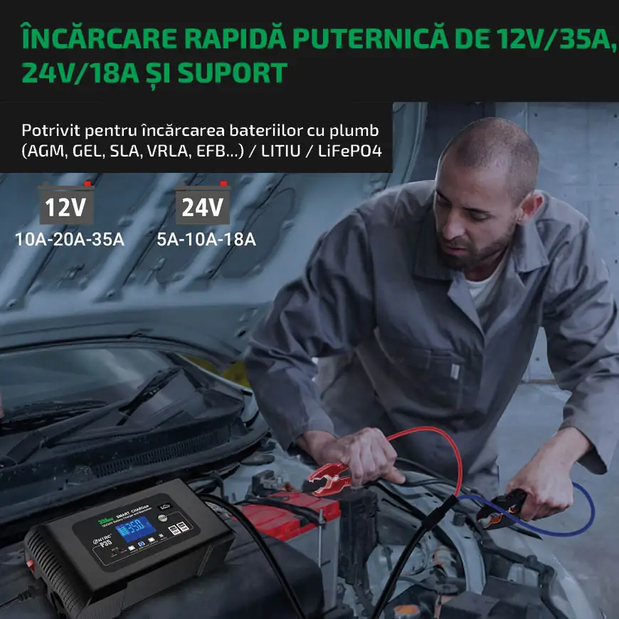 Potrivit pentru încărcarea bateriilor cu plumb (AGM, GEL, SLA, VRLA, EFB...) / LITIU / LiFePO4