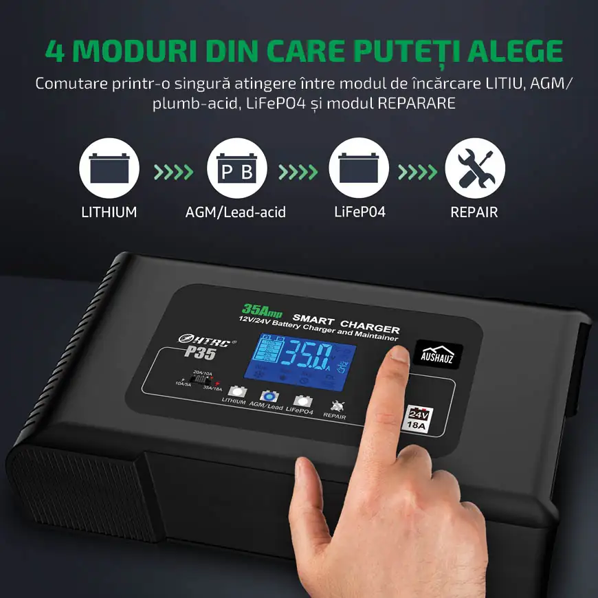 4 moduri din care puteți alege Comutare printr-o singură atingere între modul de încărcare LITIU, AGM/plumb-acid, LiFePO4 și modul REPARARE