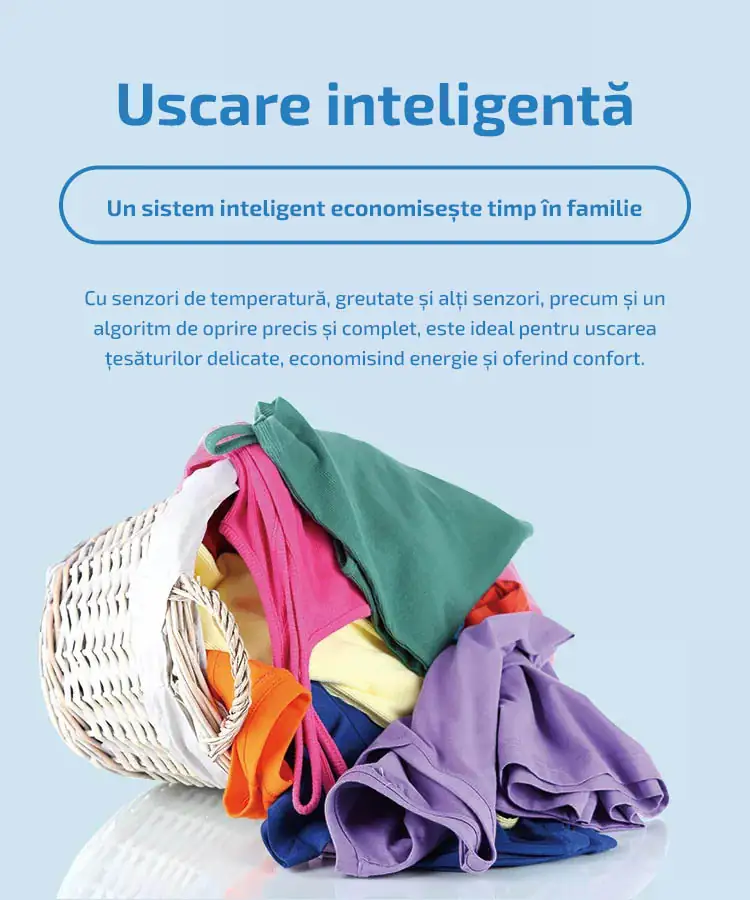 Uscare inteligentă Un sistem inteligent economisește timp în familie Cu senzori de temperatură, greutate și alți senzori, precum și un algoritm de oprire precis și complet, este ideal pentru uscarea țesăturilor delicate, economisind energie și oferind confort.